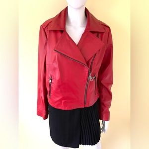Bright red soft real lamb leather moto style jacket zipped pockets double collar